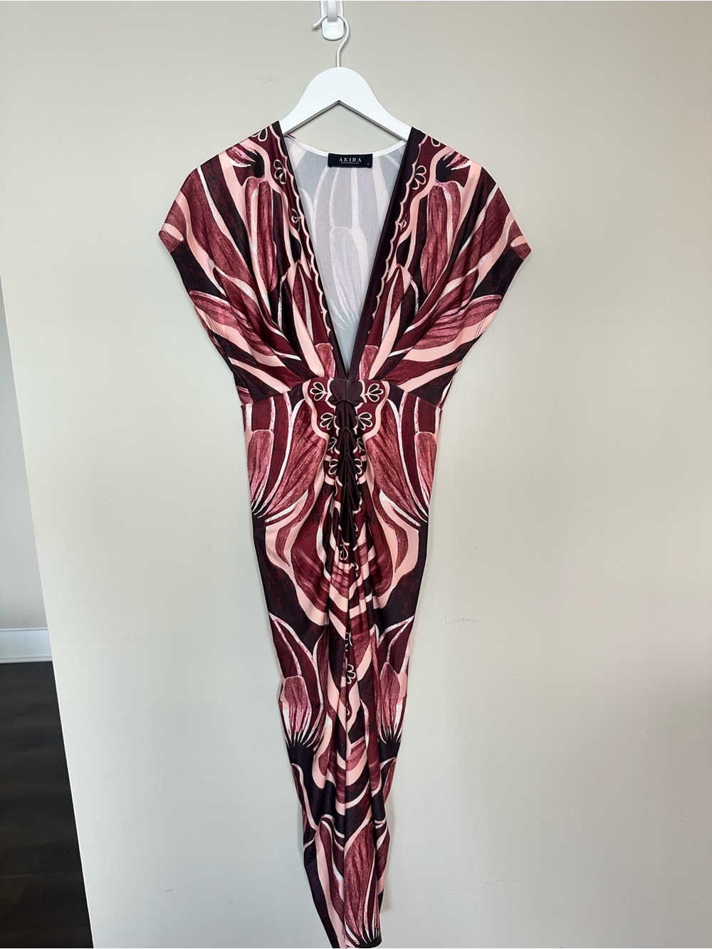 AKIRA Pink & Burgundy Abstract Twist-Front Maxi Dress